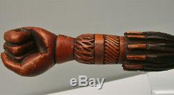 Victorian carved wood walking cane clenched fist handle carved parasol shaft