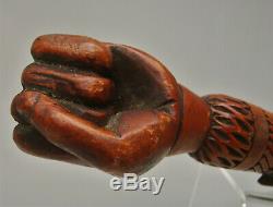 Victorian carved wood walking cane clenched fist handle carved parasol shaft