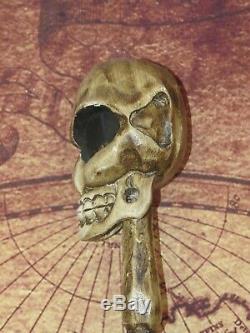 Vintage 5' Ft Skeleton Carved Wood Walking Stick with Alien Head Halloween Prop