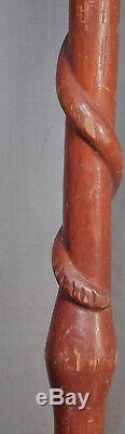 Vintage African American Folk Art Carved SNAKE Cane Walking Stick captured ball