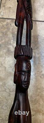 Vintage African Hand Carved Walking Stick Cane 2 Stacked Men Twisted 36