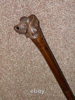 Vintage African Style Weighted Hand Carved Elephant Head Top Ebony Walking Stick