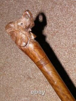 Vintage African Style Weighted Hand Carved Elephant Head Top Ebony Walking Stick