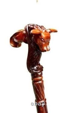 Vintage Angry Bull Walking Stick Cane Carved handmade wood crafted handle