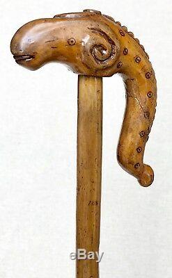 Vintage Antique 1800 American Folk Art Carved Wood Maple Walking Stick Cane Old