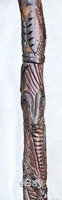 Vintage Antique 1800 Americana Folk Art Carved Wood Walking Stick Cane Old