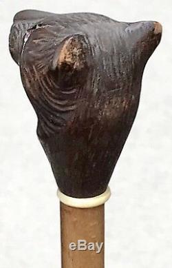 Vintage Antique 1800 Carved Wood Bears Head Walking Stick Cane Bone Mount Old