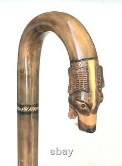 Vintage Antique 1800 Carved Wood Dog Head Horn TipCrook Walking Stick Cane Old