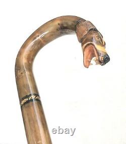 Vintage Antique 1800 Carved Wood Dog Head Horn TipCrook Walking Stick Cane Old