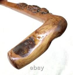 Vintage Antique 1800Art Deco Natural Carved Wood L-Shape Walking Stick Cane Old
