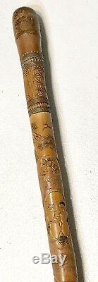 Vintage Antique 1930 Chinese Japanese Asian Carved Wood Walking Stick Cane Old