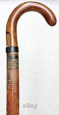 Vintage Antique 1930 Mexican Aztec Folk Art Carved Wood Walking Stick Cane Old