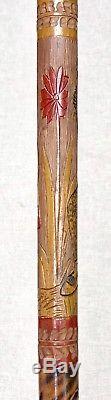 Vintage Antique 1932 Mexican Aztec Tijuana Carved Wood Walking Stick Cane Old