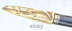 Vintage Antique 19C Carved Antler Stag Cigarette Paper Shaft Walking Stick Cane