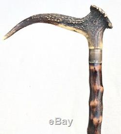 Vintage Antique 19C Carved Engraved Antler Stag Knobby Shaft Walking Stick Cane