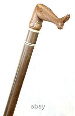 Vintage Antique 19C Carved Woman Leg Bone Rings Fancy Fashion Walking Stick Cane