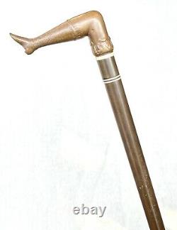 Vintage Antique 19C Carved Woman Leg Bone Rings Fancy Fashion Walking Stick Cane