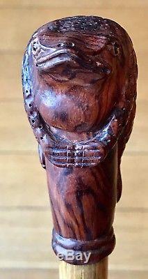 Vintage Antique 19C Carved Wood Frog Bamboo Shaft Walking Stick Cane Old