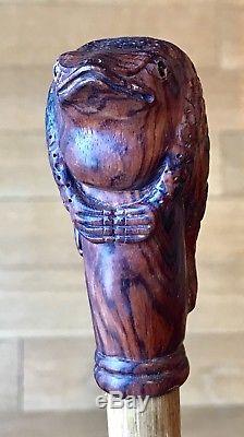 Vintage Antique 19C Carved Wood Frog Bamboo Shaft Walking Stick Cane Old