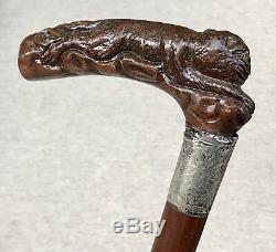Vintage Antique 19C Carved Wood Lion Sterling Silver Collar Walking Stick Cane