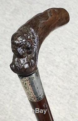 Vintage Antique 19C Carved Wood Lion Sterling Silver Collar Walking Stick Cane