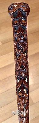 Vintage Antique 19C Carved Wood Walking Stick Cane Old 12Handle Excellent