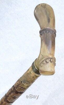 Vintage Antique 19C Horn Handle Carved Wood Folk Art Walking Stick Cane Old