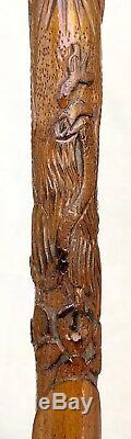 Vintage Antique 19C Mexican Aztec Coat Of Arms Carved Wood Walking Stick Cane