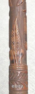 Vintage Antique 19C Mexican Coat Of Arms Carved Wood Swagger Walking Stick Cane