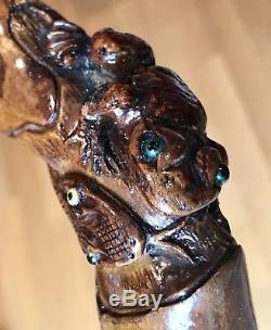 Vintage Antique 19C Solid Silver Carved Wood Snake&Frog Walking Stick Cane Old