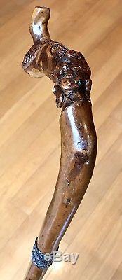 Vintage Antique 19C Solid Silver Carved Wood Snake&Frog Walking Stick Cane Old