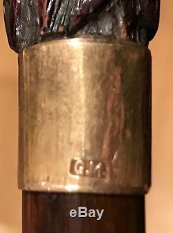 Vintage Antique 19C Walking Stick Cane Gold Filled Handle Carved Wood Horn Old