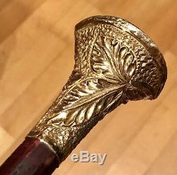Vintage Antique 19C Walking Stick Cane Gold Filled Handle Carved Wood Horn Old