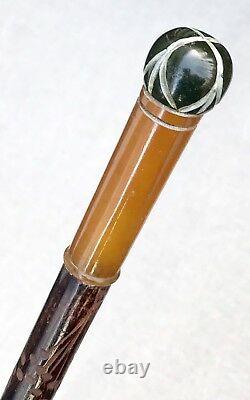Vintage Antique Amber Bakelite Carved Wood Horn Tip Swagger Walking Stick Cane