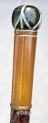 Vintage Antique Amber Bakelite Carved Wood Horn Tip Swagger Walking Stick Cane