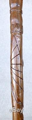 Vintage Antique American Folk Art Carved Wood Sterling Silver Walking Stick Cane