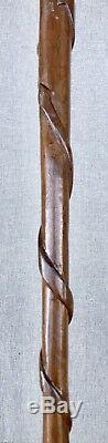Vintage Antique American Folk Art Carved Wood Sterling Silver Walking Stick Cane