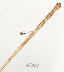Vintage Antique Asian Bamboo Carved Wood Knob Swagger Walking Stick Cane Old