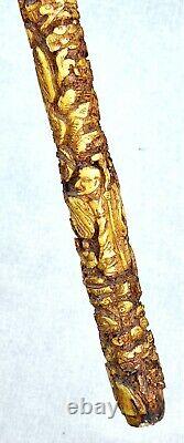 Vintage Antique Asian Chinese Folk Art Dragon Carved Images Walking Stick Cane