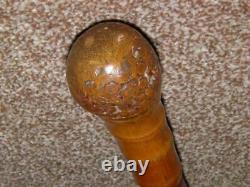 Vintage/Antique Bamboo Burr Root Topped Walking Stick WithChinese Themed Carvings