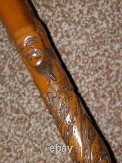 Vintage/Antique Bamboo Burr Root Topped Walking Stick WithChinese Themed Carvings