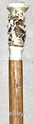 Vintage Antique Carved Antler Stag Bog Oak Shaft Swgger Walking Stick Cane Old