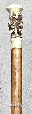 Vintage Antique Carved Antler Stag Bog Oak Shaft Swgger Walking Stick Cane Old