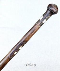 Vintage Antique Carved Exotic Wood Turkish MOP Swagger Knob Walking Stick Cane
