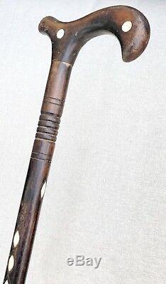 Vintage Antique Carved Exotic Wood Turkish Mother Of Pearl Walking Stick Cane
