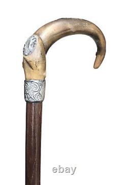 Vintage Antique Carved Goat Horn Engraved Sterling Silver Walking Stick Cane Old