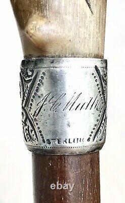 Vintage Antique Carved Goat Horn Engraved Sterling Silver Walking Stick Cane Old