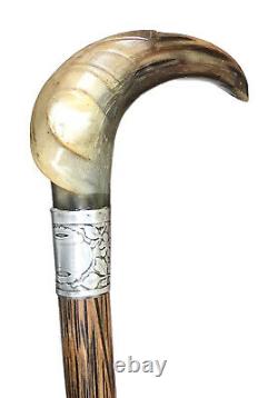 Vintage Antique Carved Goat Horn Hallmark Sterling Silver Walking Stick Cane Old