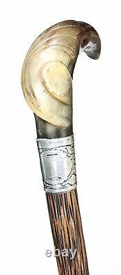 Vintage Antique Carved Goat Horn Hallmark Sterling Silver Walking Stick Cane Old