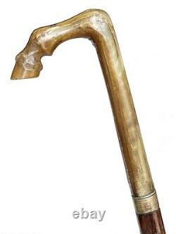 Vintage Antique Carved Horn Horse Shoe Handle Wood Shaft Walking Stick Cane Old